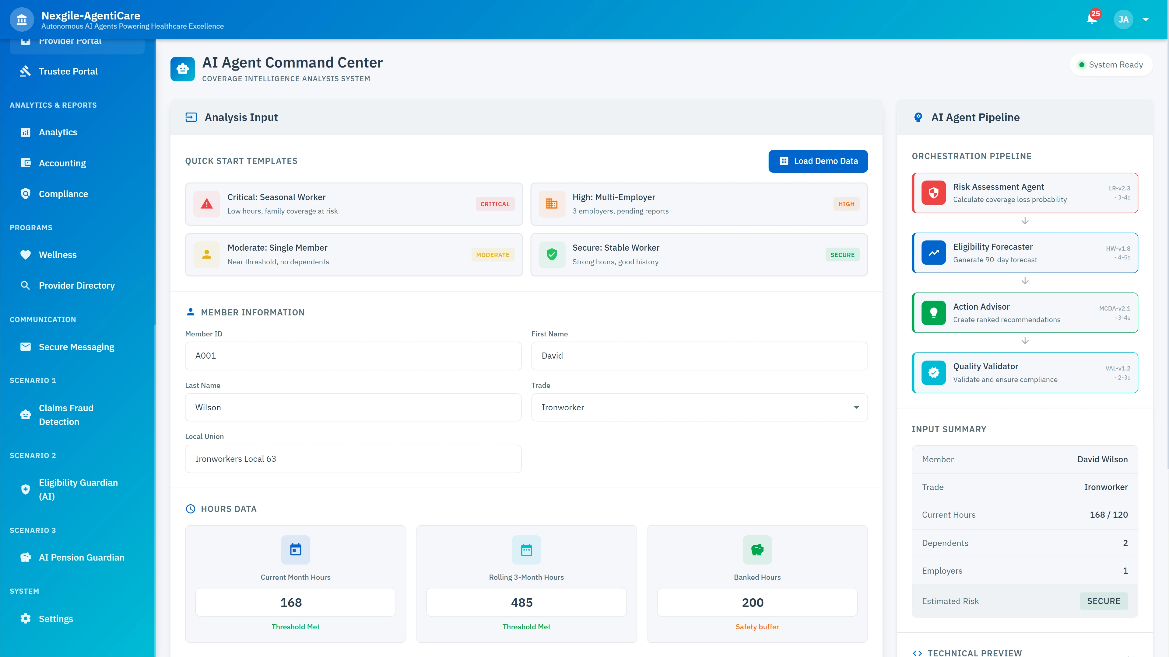 Coverage analysis input screen with quick start templates, member information form, hours data tracking, and AI agent pipeline visualization